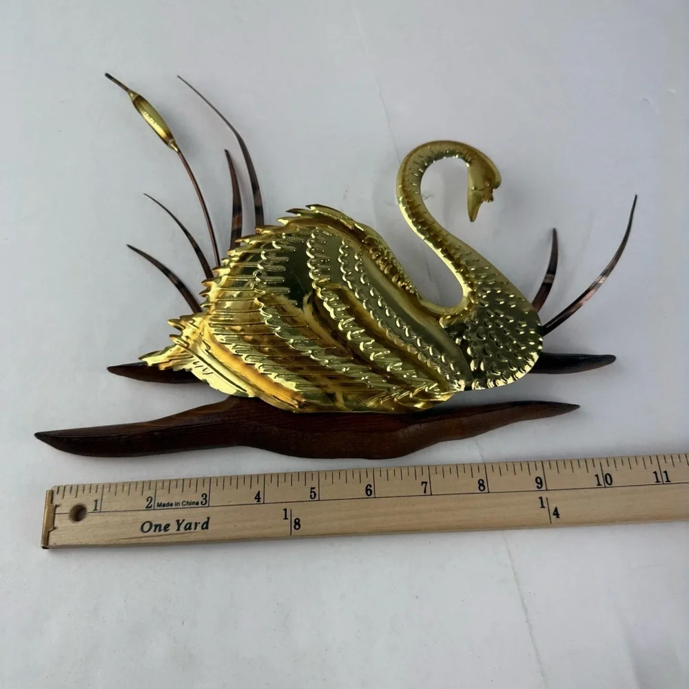 Mid Century Modern Vintage Brass and Wood Swan Wall Hanging LOT OF 2 Retro